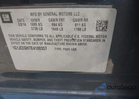 2014 Chevrolet Sonic Lt Auto из США, поврежденный, VIN 1G1JC5SH7E4188357